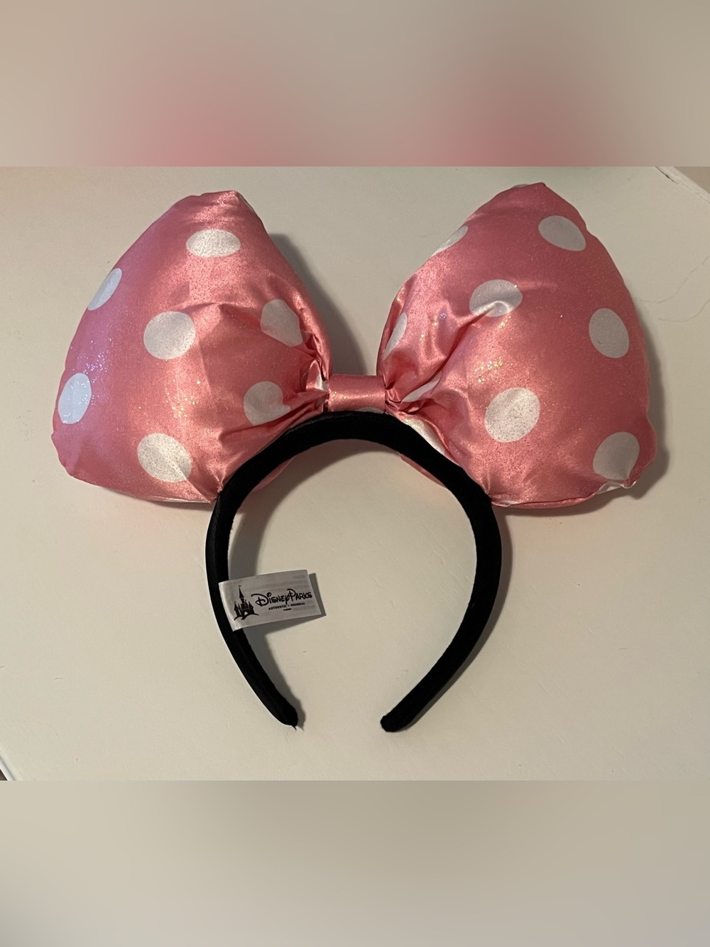Authentic Disney Parks Minnie Mouse Polka Dot Large Bow Headband Pink Puffy Ears